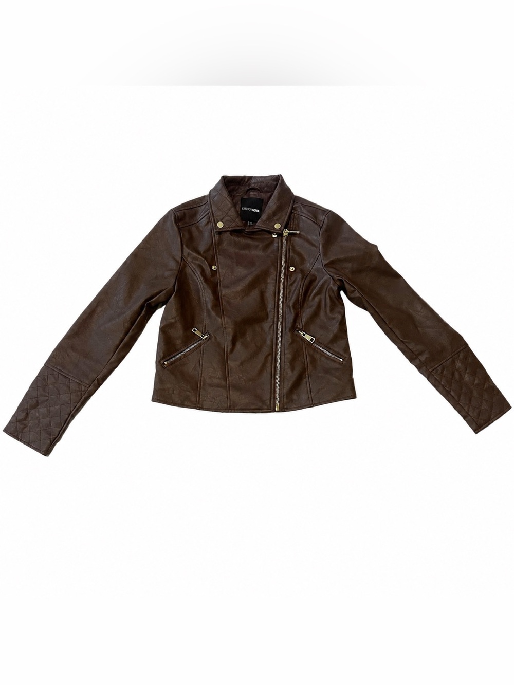 Fashion Nova Out For A Ride Vegan Faux Leather Moto Jacket Brown Womens M